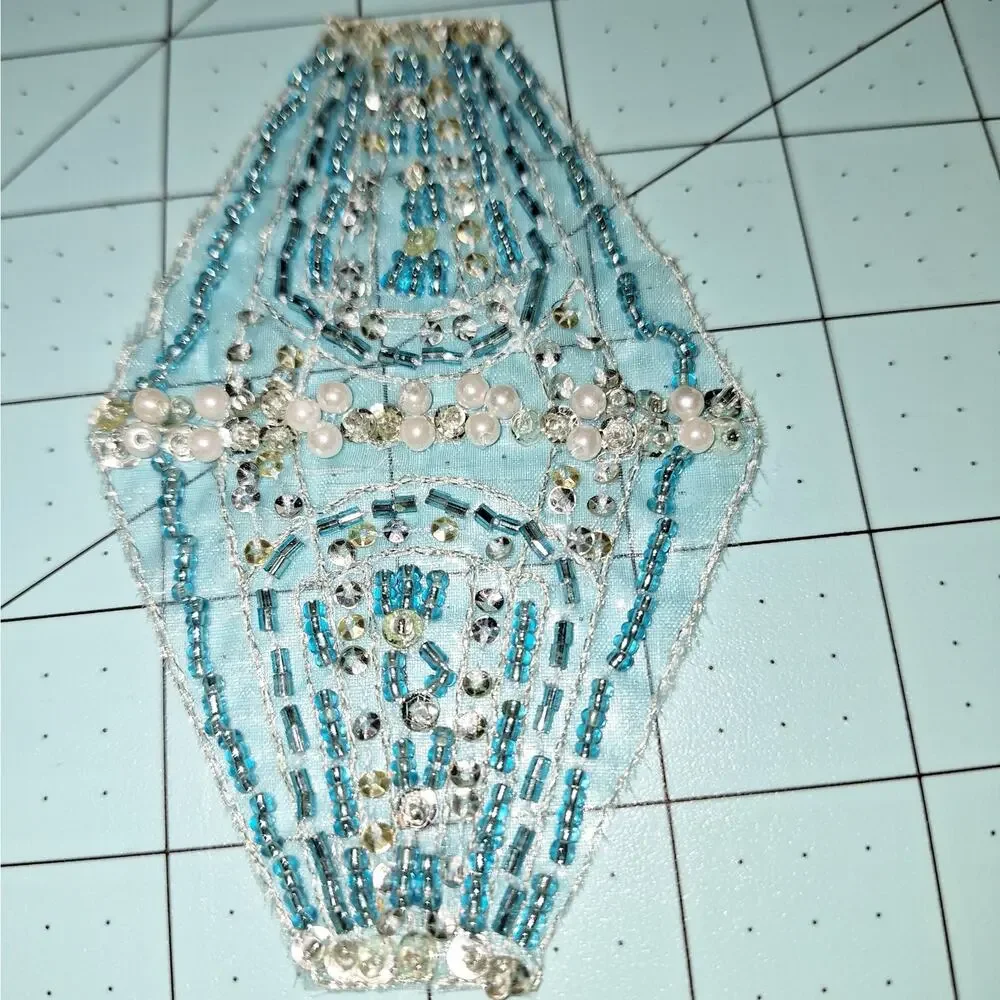 Aqua Silver Bead and Sequin Applique  Faux Pearl Lot of 2